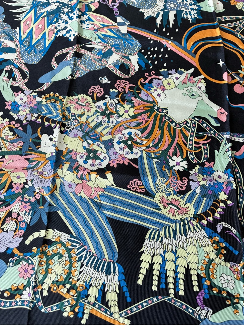 Designer Inspired Whimsical Scarf in Navy and Pastel - Picture 4 of 7